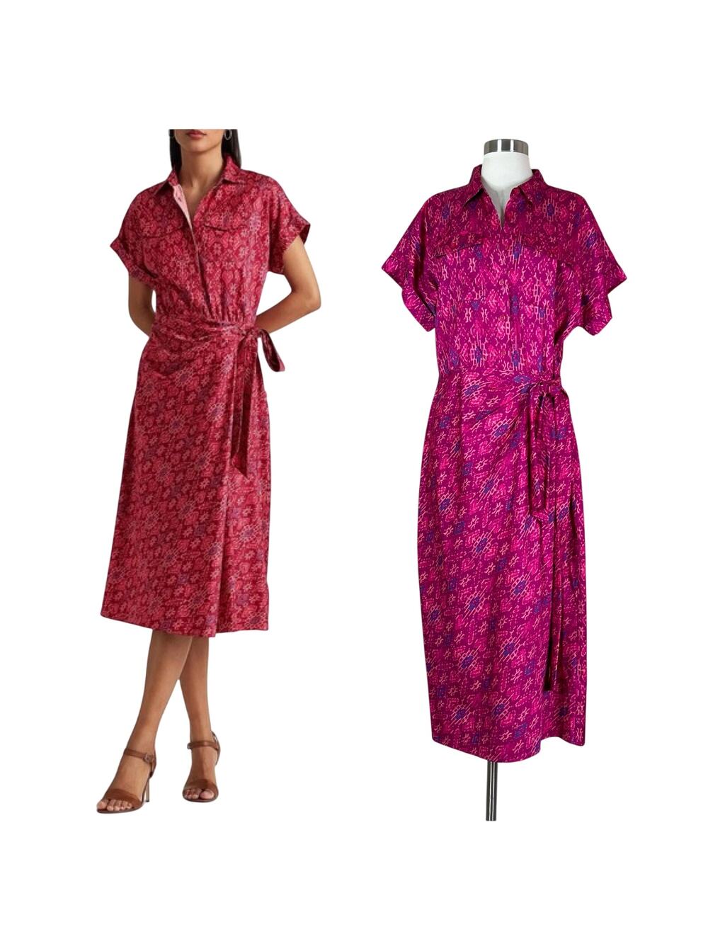 Lauren Ralph Lauren | Fuchsia Geo-Print Shantung Tie Waist Collar Midi Dress 12